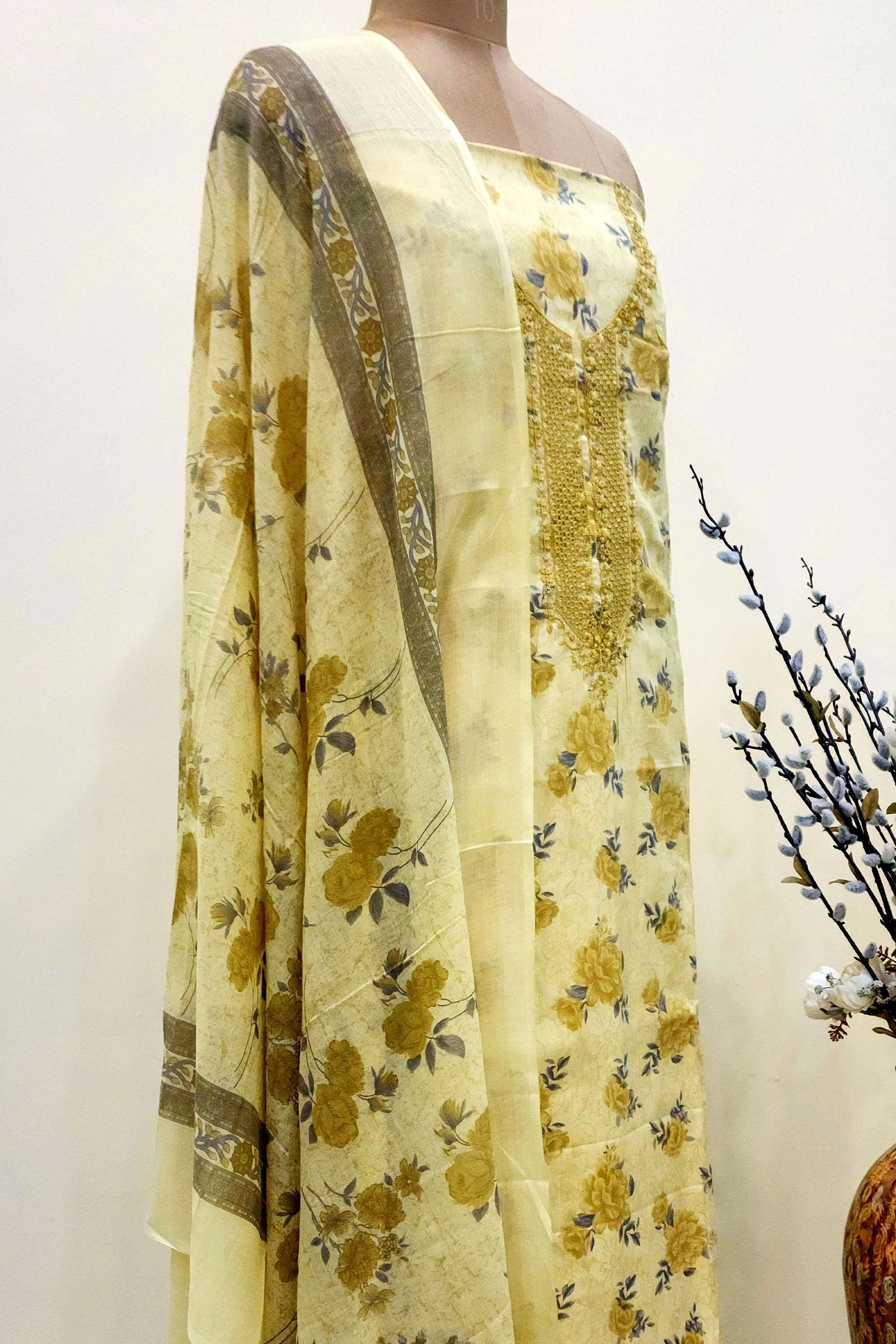 Women's Yellow Floral Printed Cotton Unstitched Suit Set