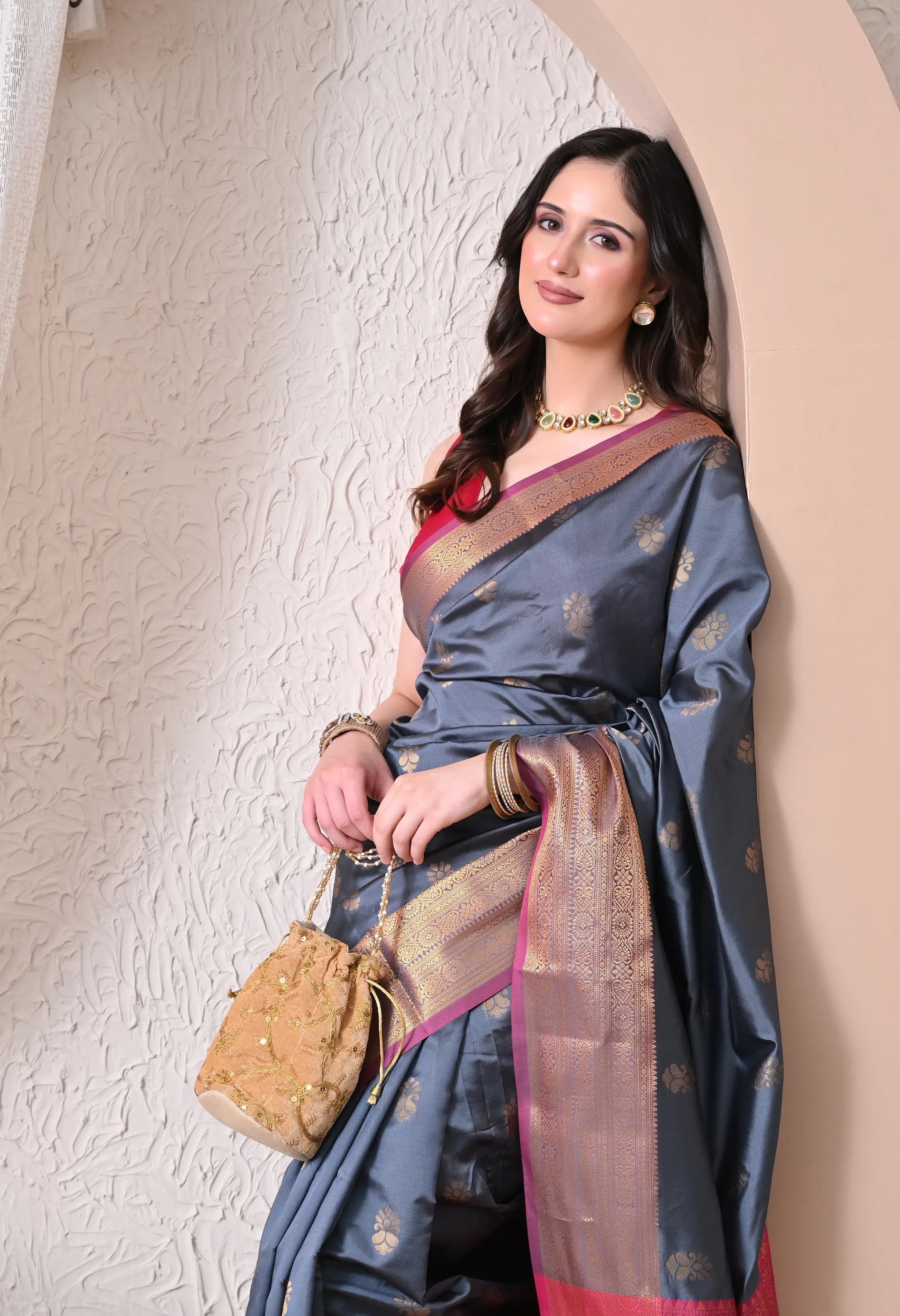 Regal Steel Grey Silk Blend Chanderi Style Saree