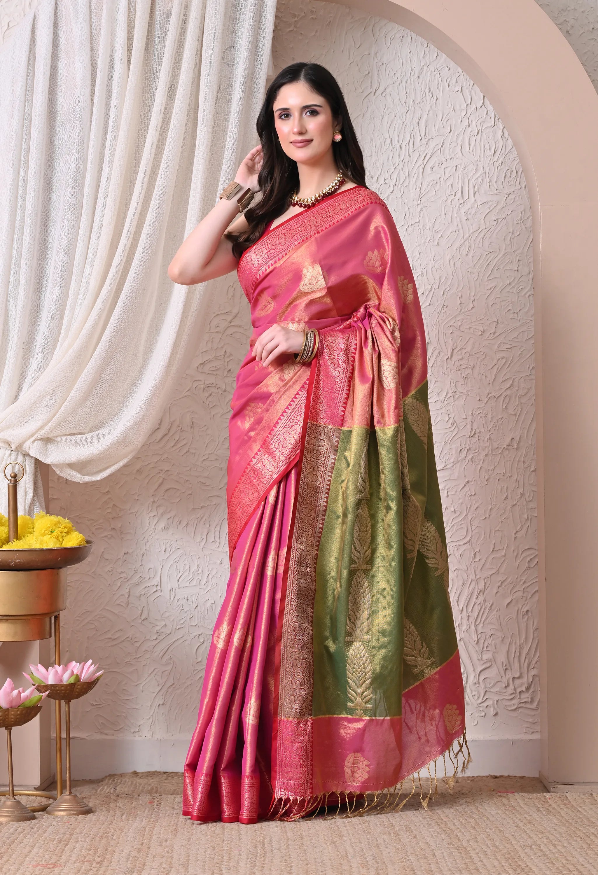 Vine Silk Blend Saree in Rani Pink & Moss Green