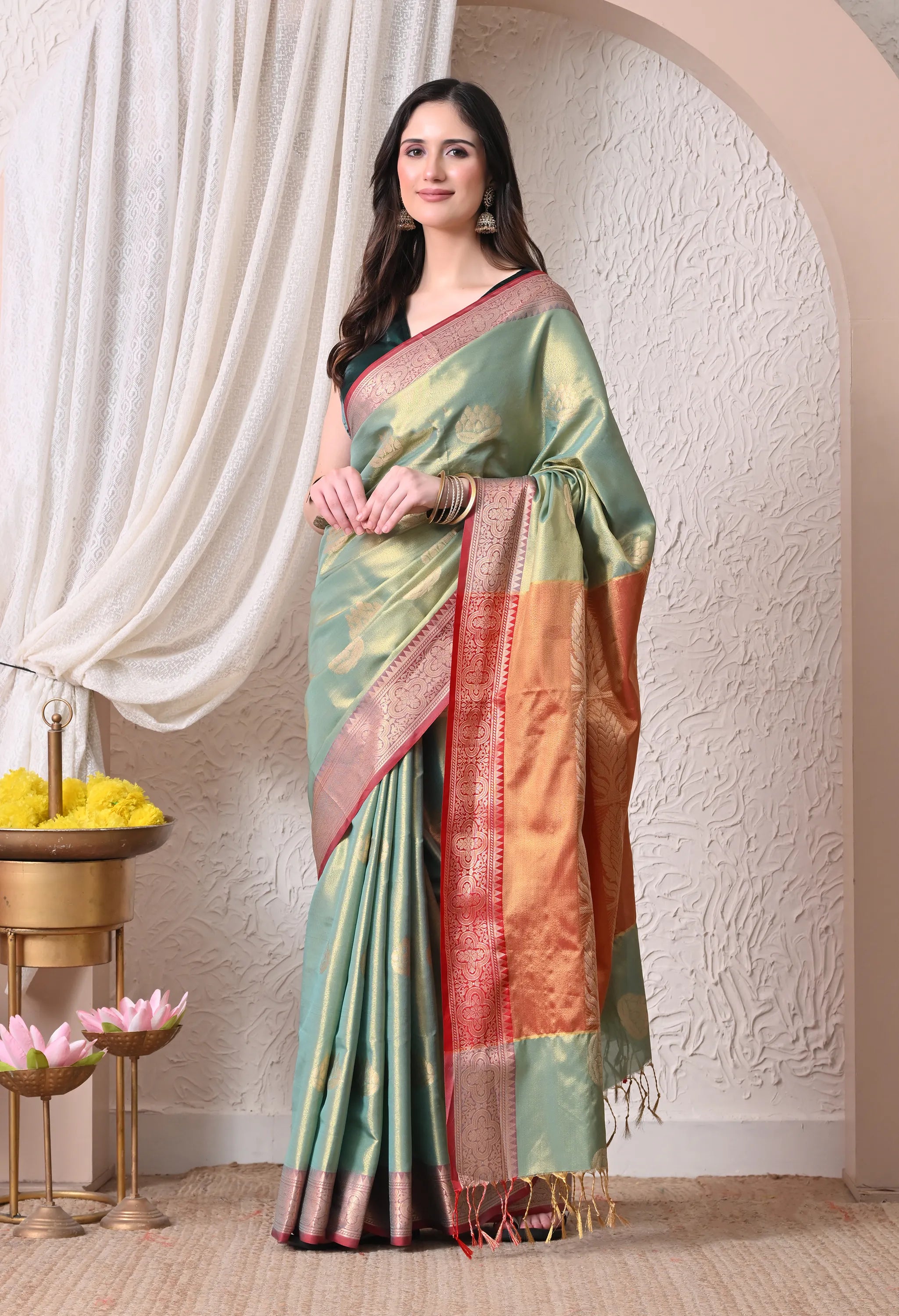 Pastel Sage Green & Rust Red Silk Blend Banarasi Saree with Lotus Butis