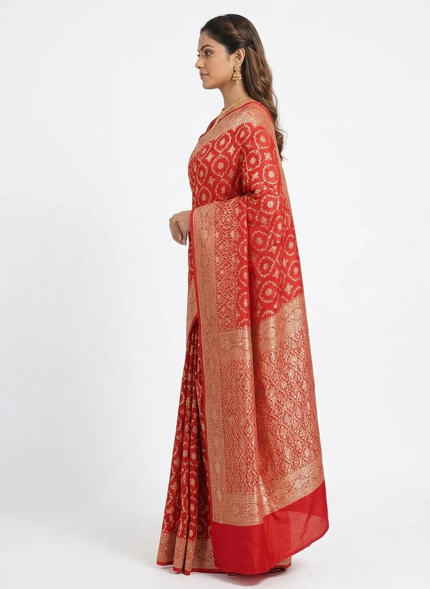 Red & Gold-Toned Ethnic Motifs Woven Design Banarasi Saree