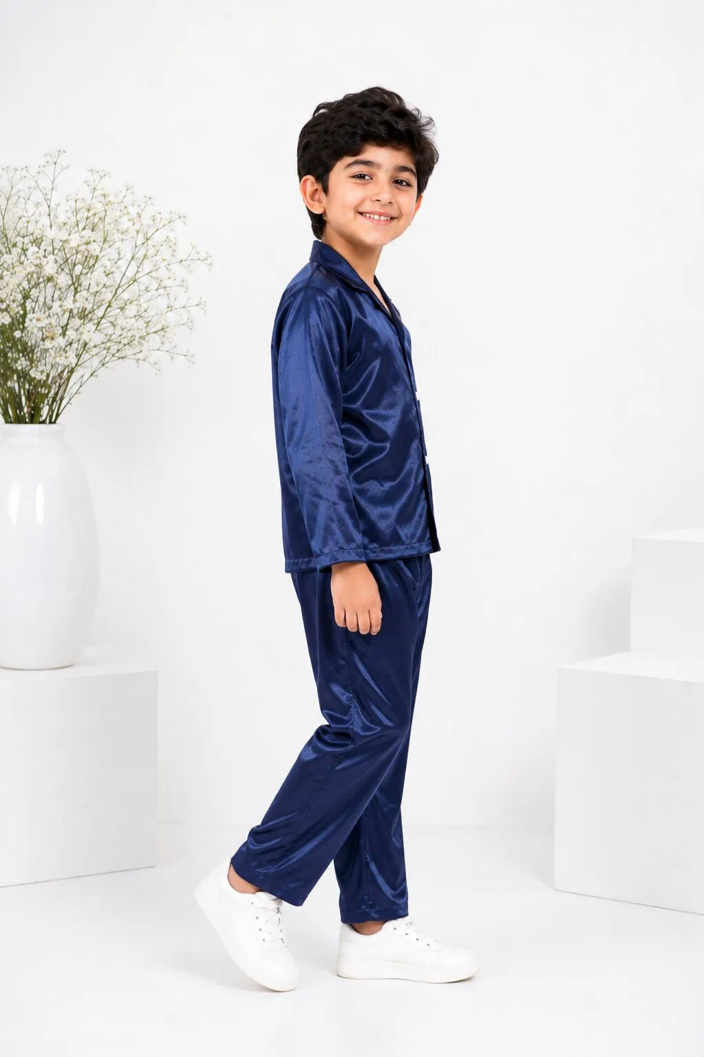 Boys' Navy Blue Luxury Satin Night Suit Set – Smooth Full-Sleeve Shirt & Relaxed Pyjamas