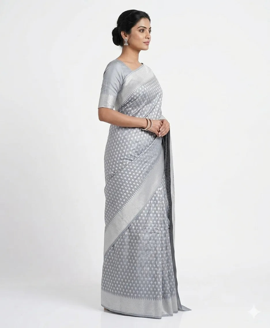 Grey & Silver-Toned Woven Design Banarasi Silk Saree with Unstitched Blouse Piece