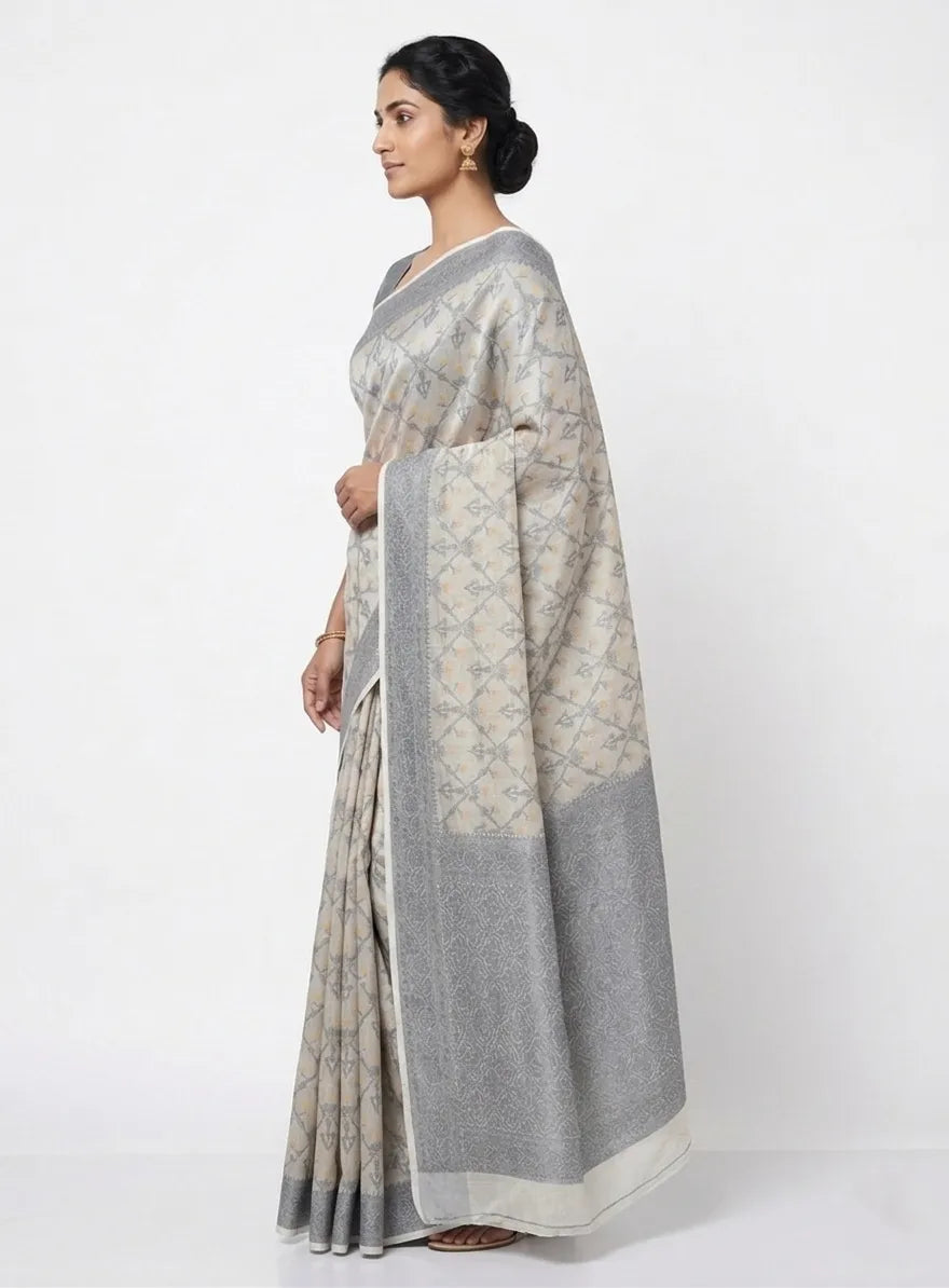 Grey & Off-White Woven Design Silk Blend Saree with Zari Border