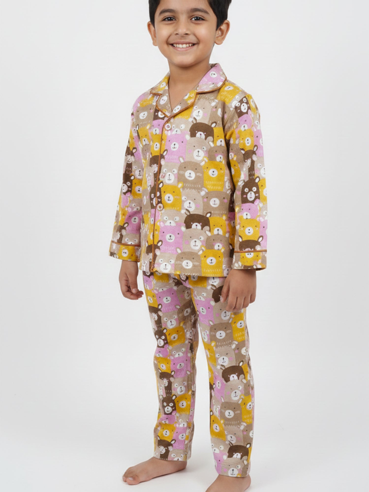 Kids Boys Full Sleeve Collared Pure Cotton Night Suit