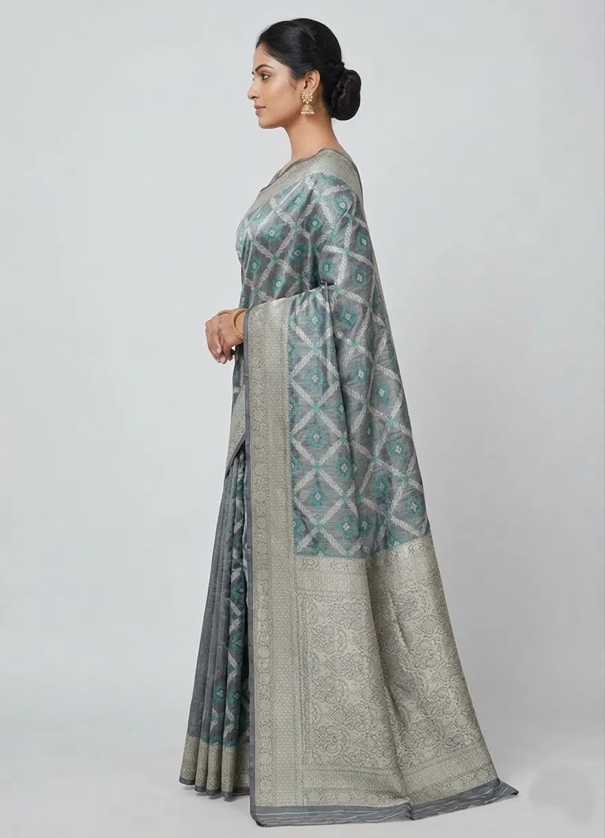 Grey Woven Design Silk Blend Banarasi Saree with Unstitched Blouse Piece