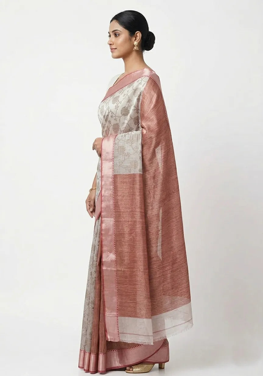 Off-White & Dusty Rose Floral Printed Art Silk Saree with Zari Border