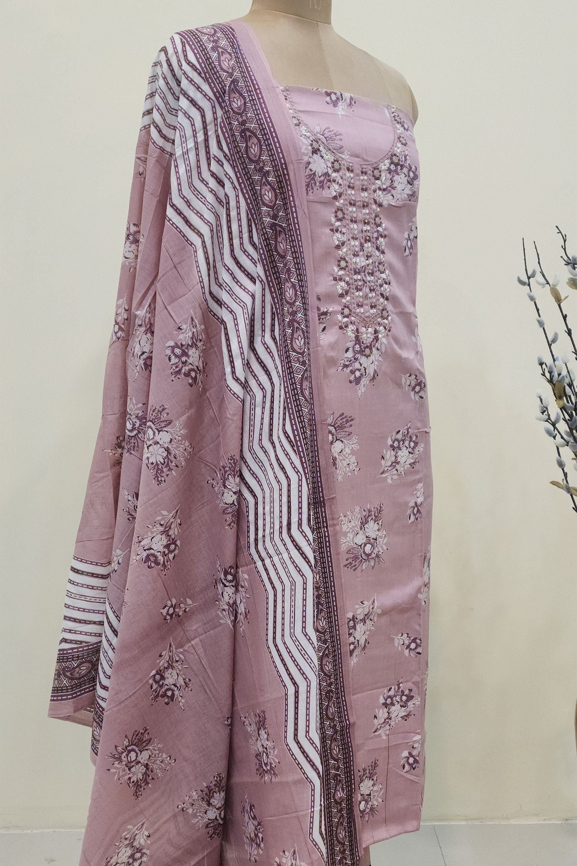 Women's Dusty Rose Floral Printed Cotton Unstitched Suit