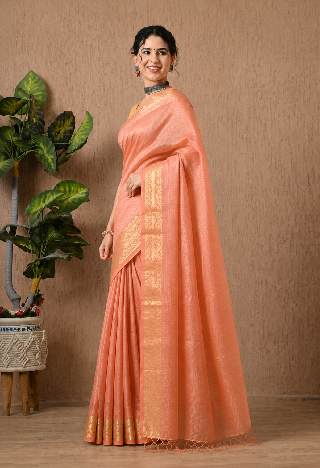 Peach Cotton Saree with Golden Woven Border