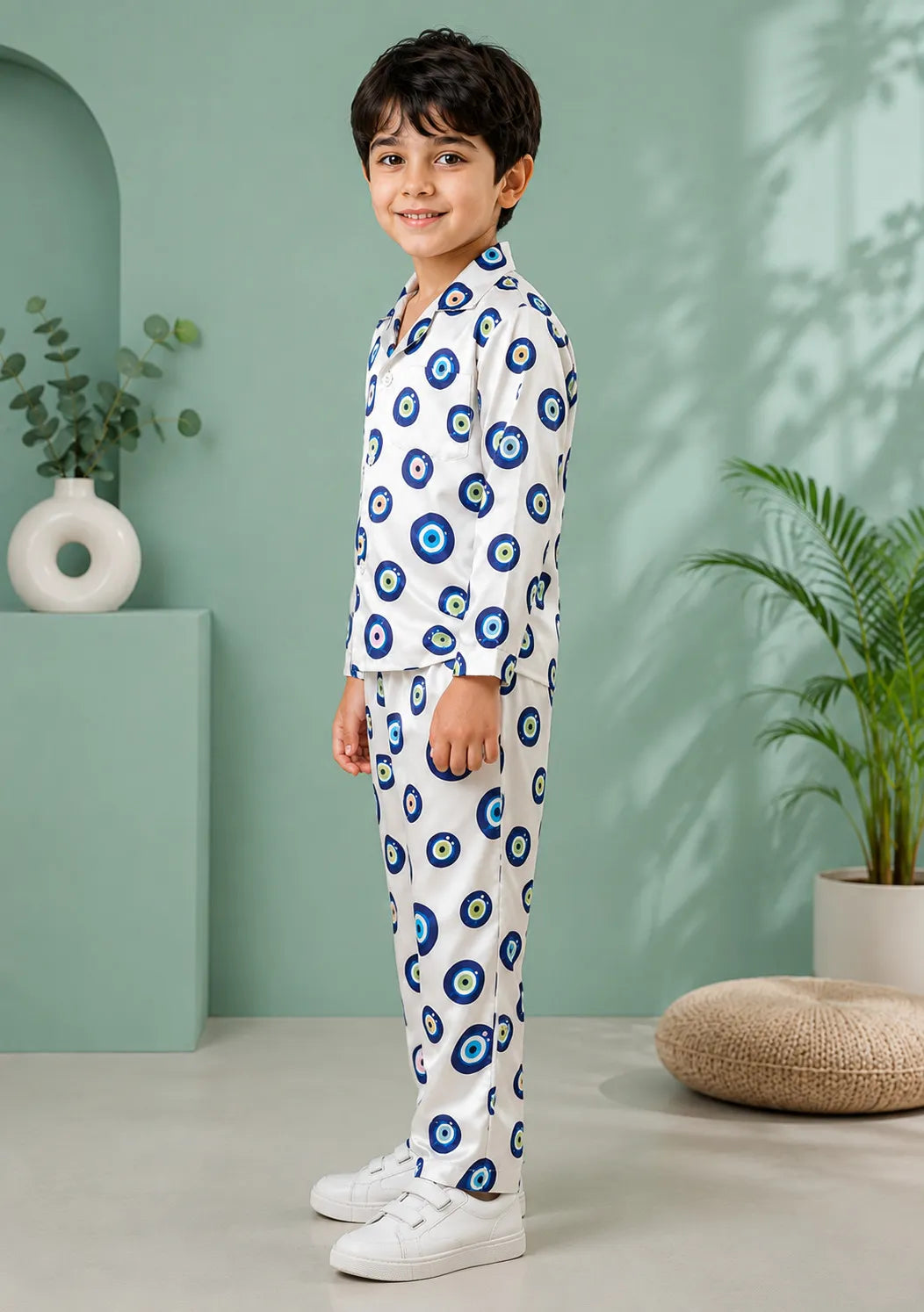 Boys' Evil Eye Printed Premium Satin Night Suit – Full Sleeve Shirt & Pajama Se
