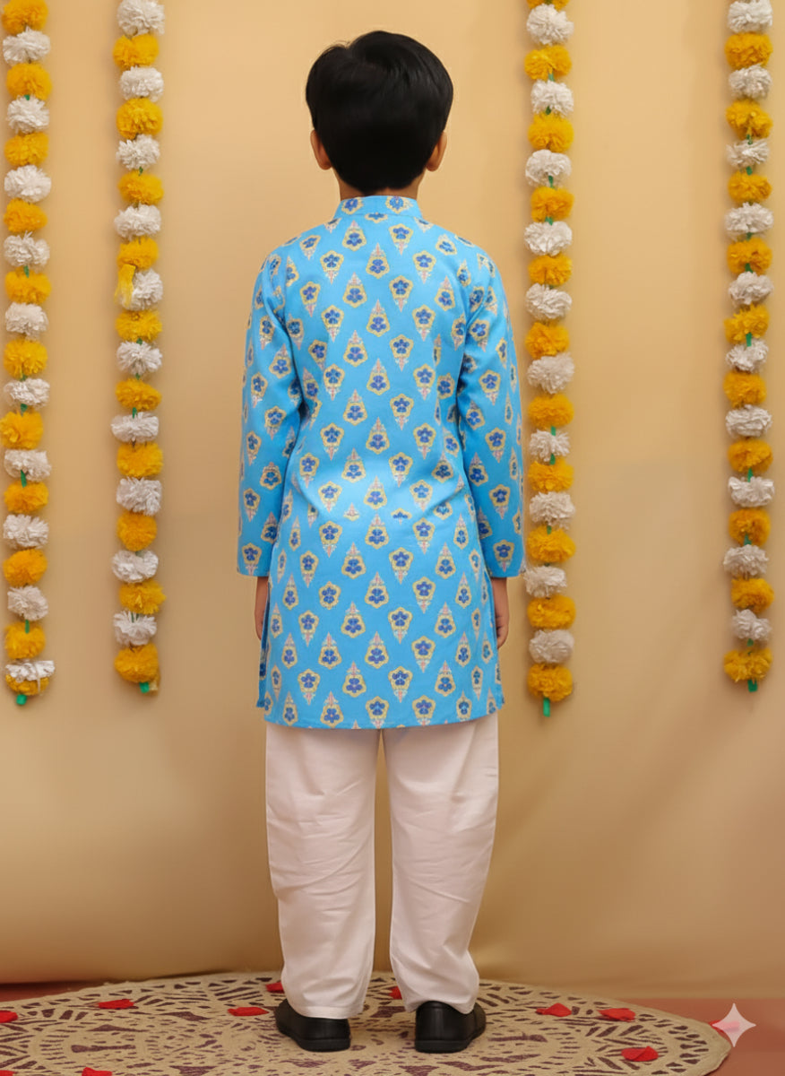 Boys' Cotton Floral Print Kurta Pajama Set | Sky Blue Ethnic Wear for Kids | Traditional Festive & Party Wear Outfit