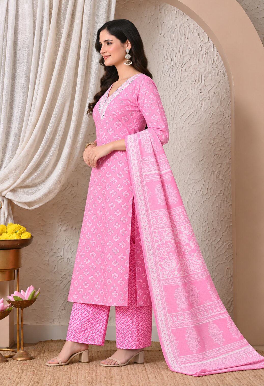 Pink Cotton Printed Straight Suit Set with Matching Cotton Dupatta