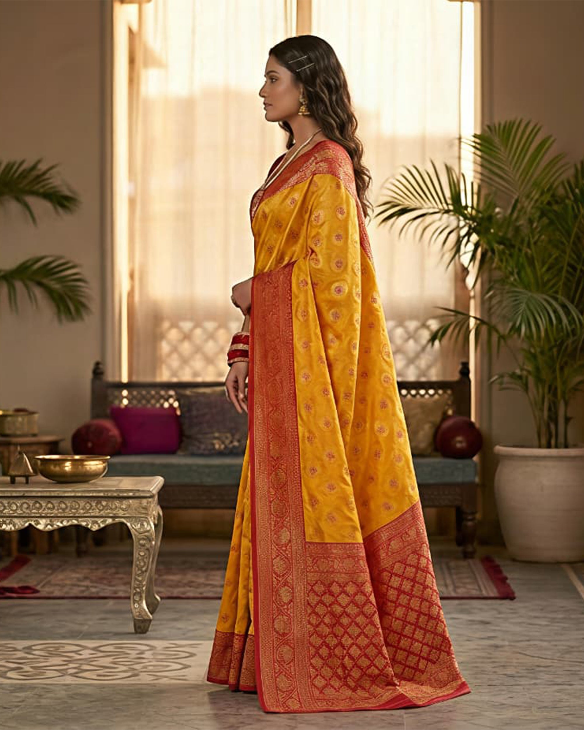 Mustard Yellow & Red Woven Design Art Silk Kanjeevaram Style Saree
