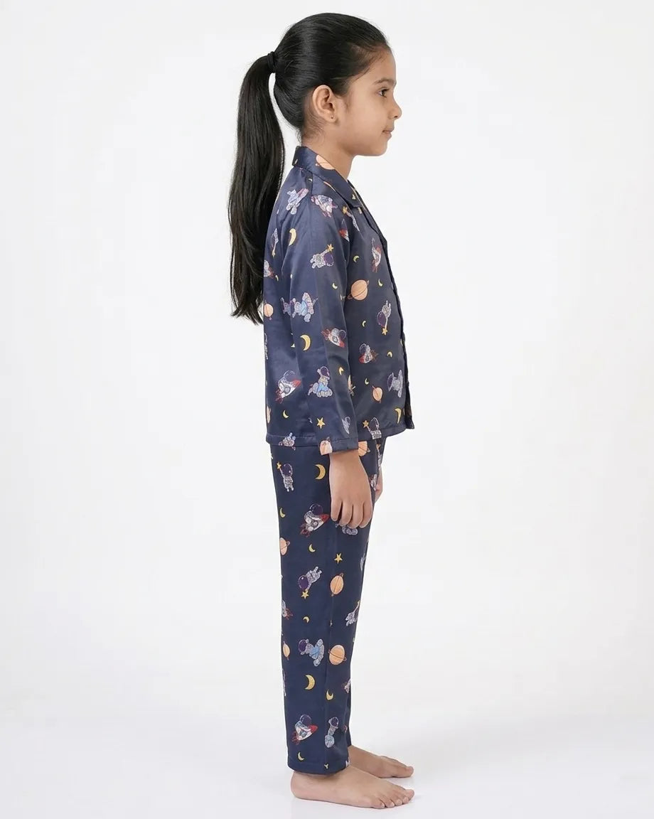 Girls  Navy Blue & Multi Satin Space Print Nightsuit Set