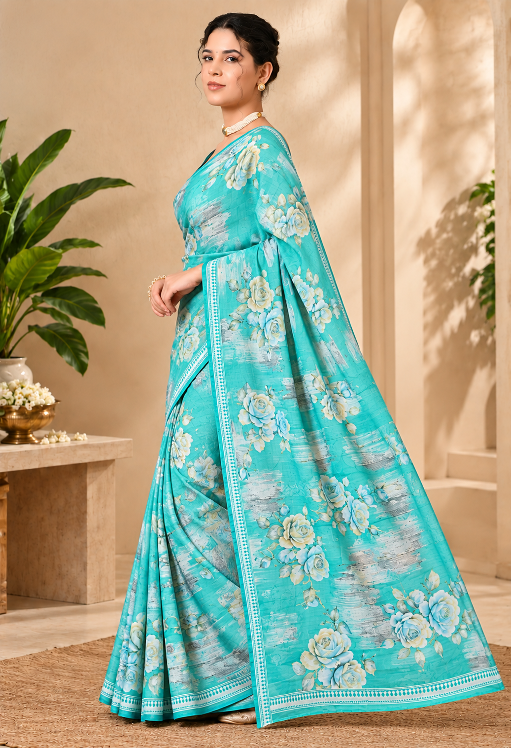 Turquoise Floral Printed Silk Blend Saree