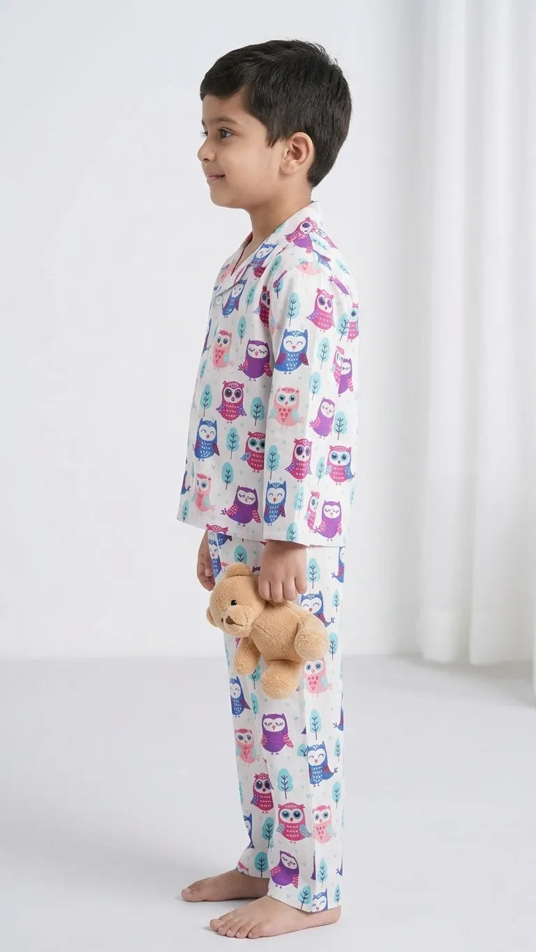 Kids' White & Purple Owl Print Pure Cotton Night Suit