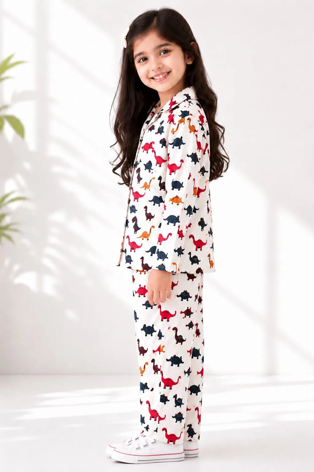 Kids Girls Full Sleeve Collared Pure Cotton Night Suit