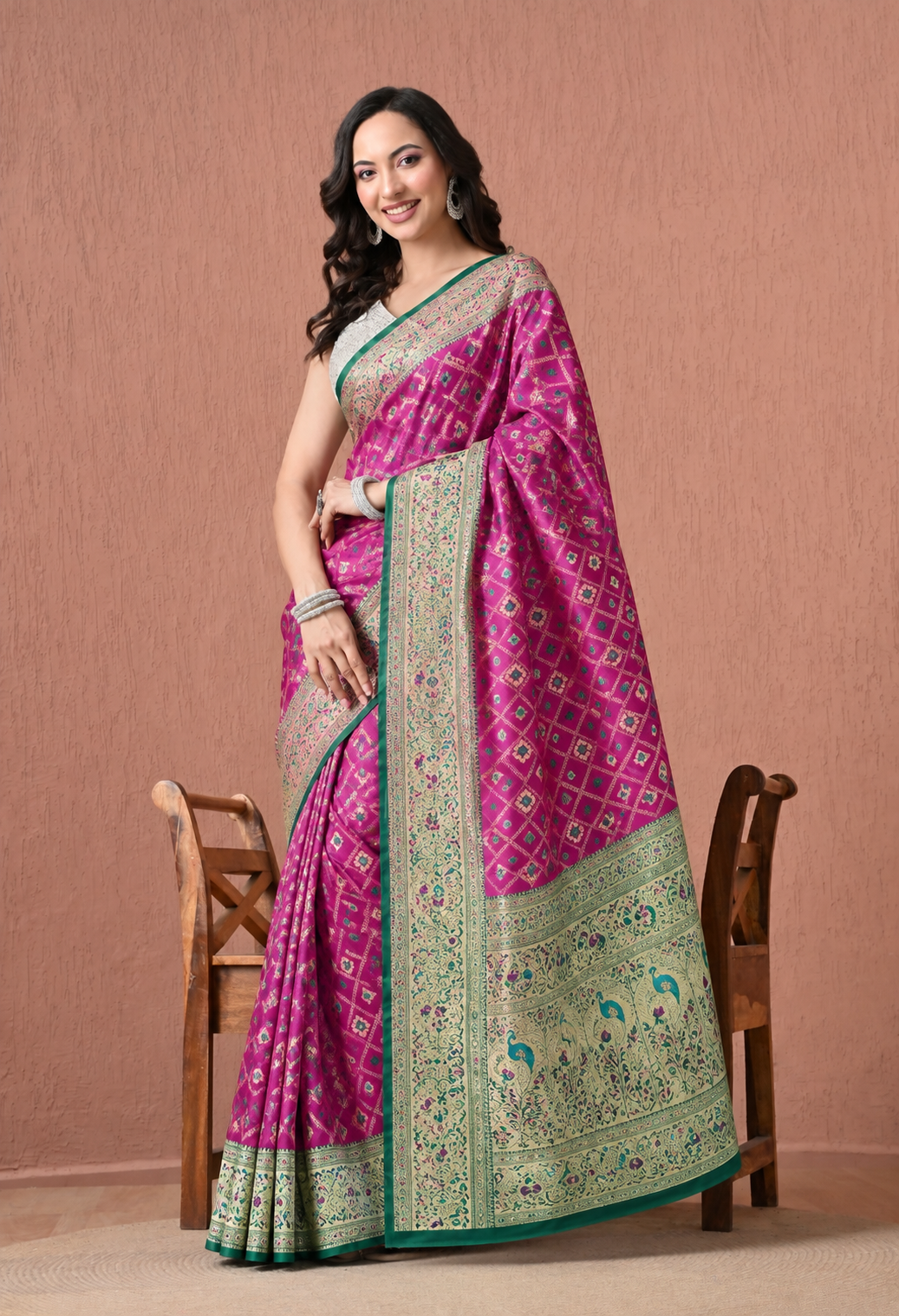 Elegant Magenta Printed Saree with Green Traditional Border & Pallu