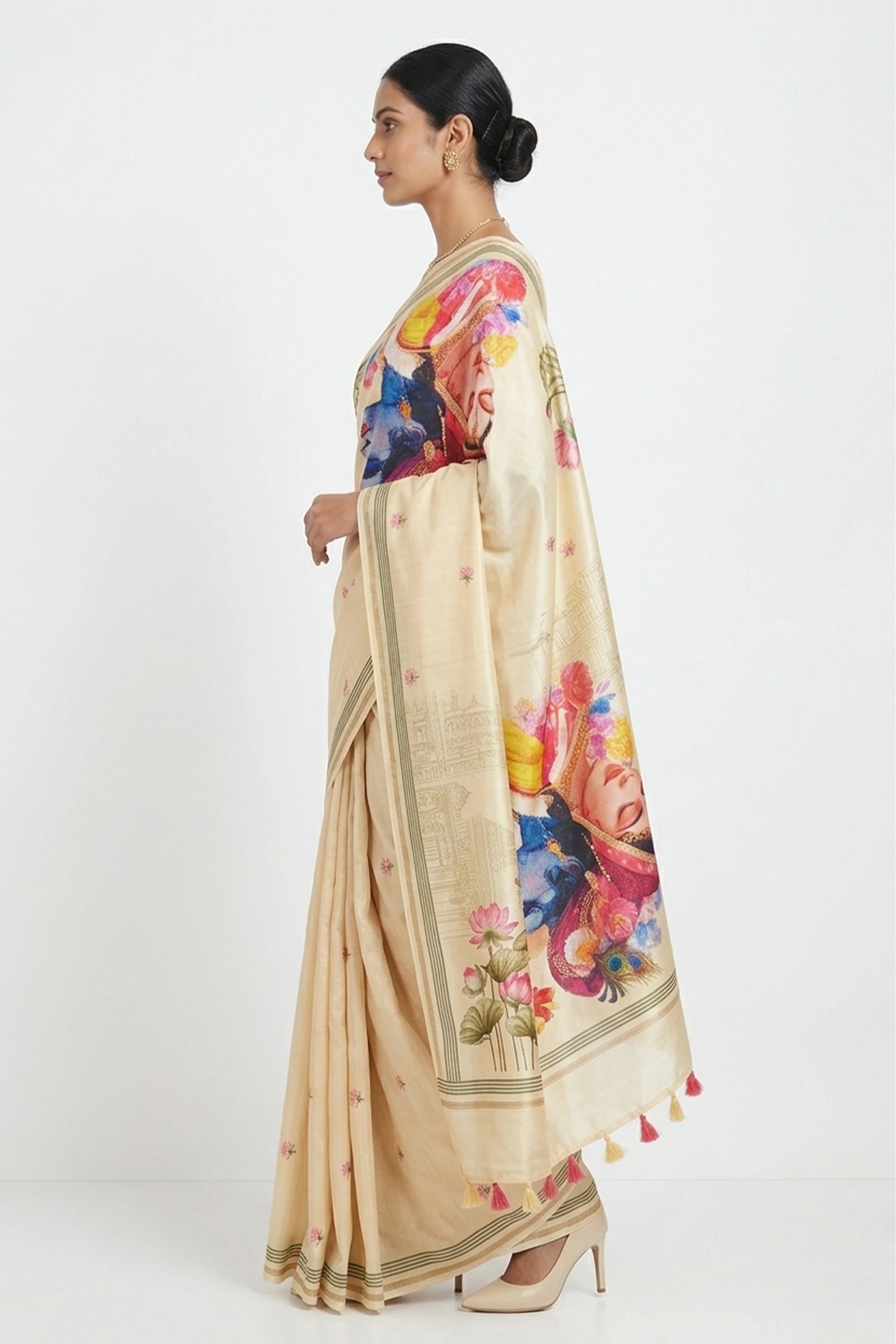 Cream Silk Blend Saree with Radha Krishna Digital Print & Tassels