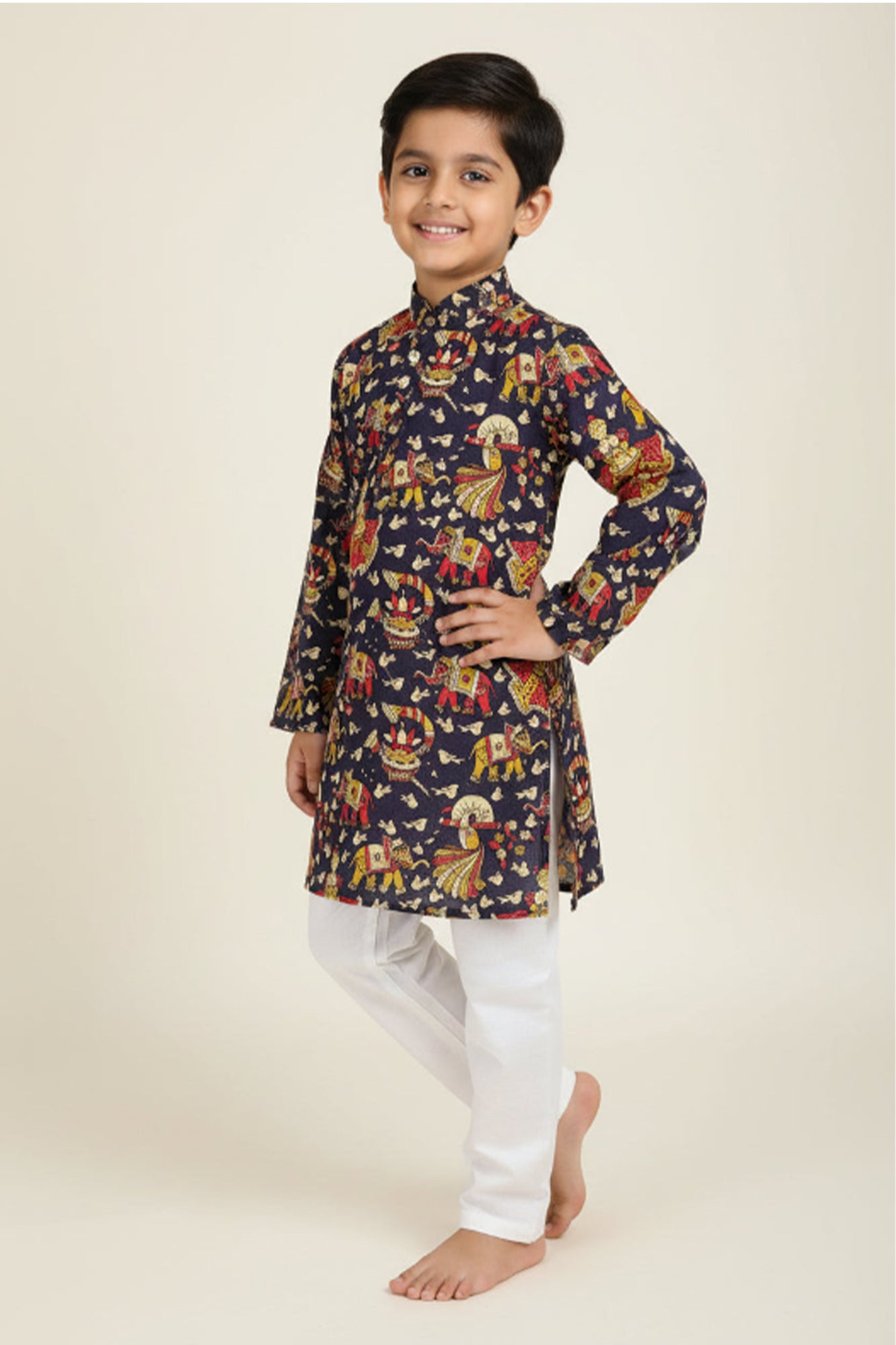 Boys' Cotton Print Kurta with White Pajama Set | Ethnic Wear for Festivals, Weddings & Parties
