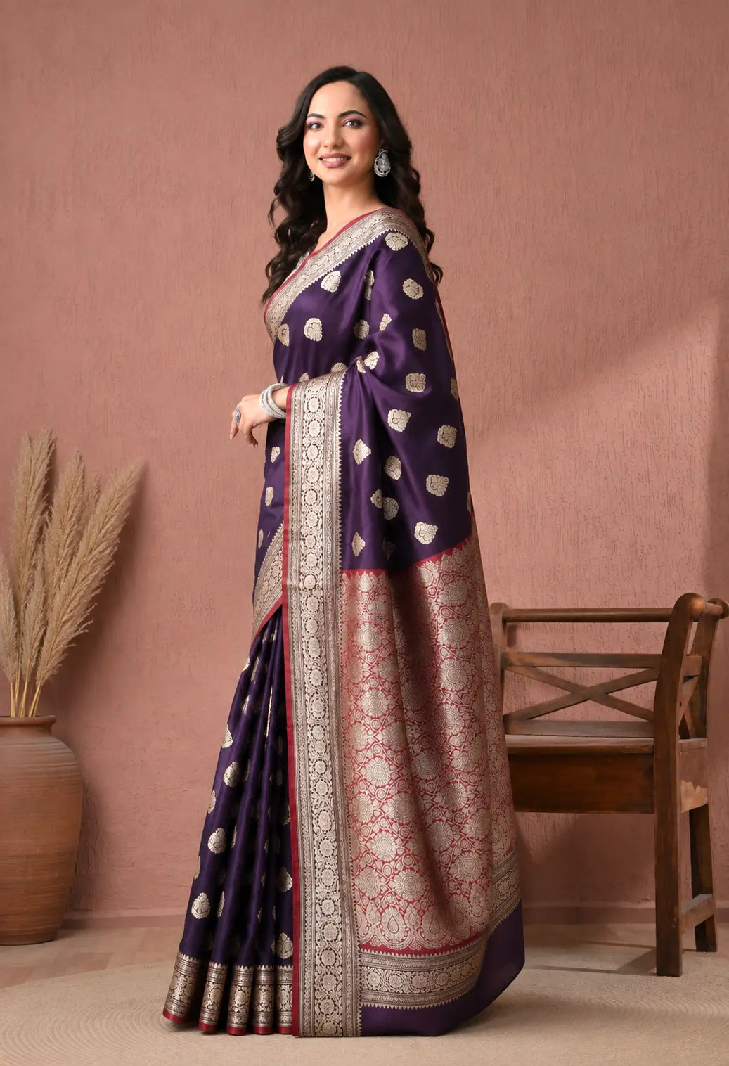 Regal Deep Purple Silk Blend Banarasi Saree with Zari Weaving