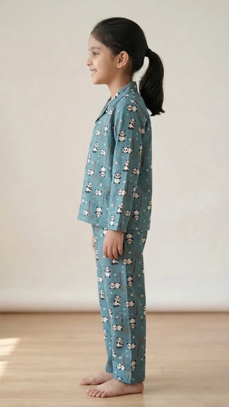 Girls Blue Panda Printed Satin Night Suit
