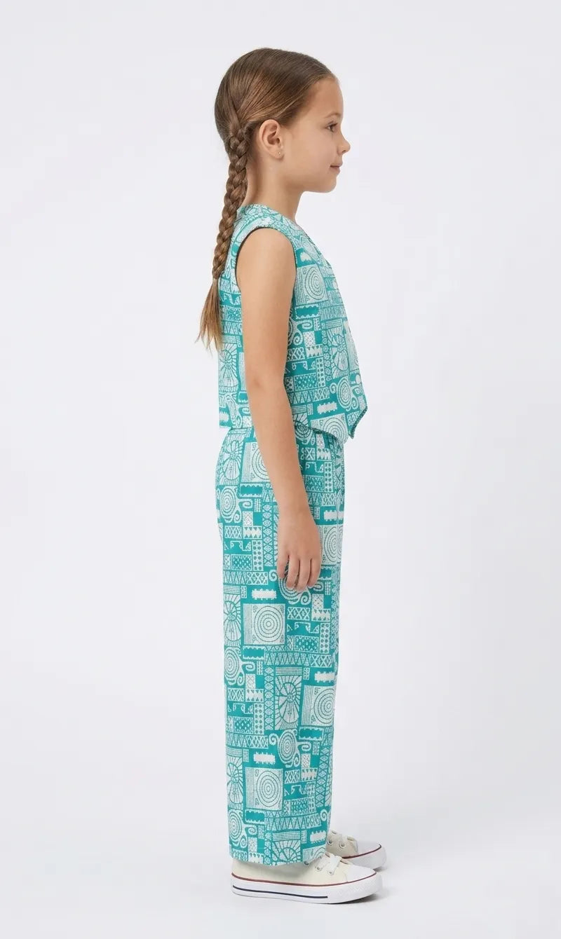 Girls Teal  Geometric Printed Pure Cotton Waistcoat Style Co-ord Set