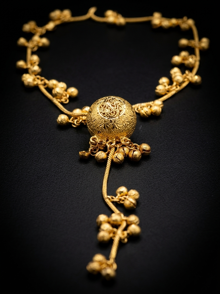 Antique Gold-Plated Sahare Earrings with Textured Orb & Ghungroo Drops