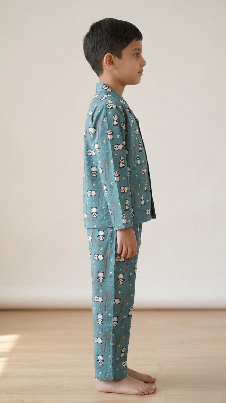 Kids Boys Blue Panda Printed Satin Night Suit