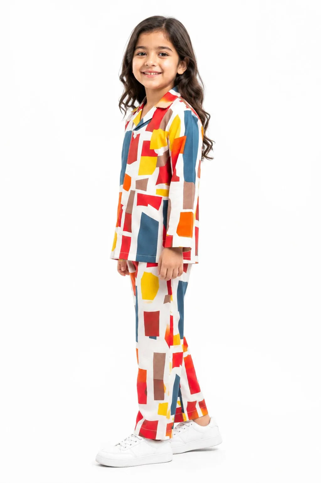 Girls Multi-Colored Abstract Geometric Print Pure Cotton Night Suit