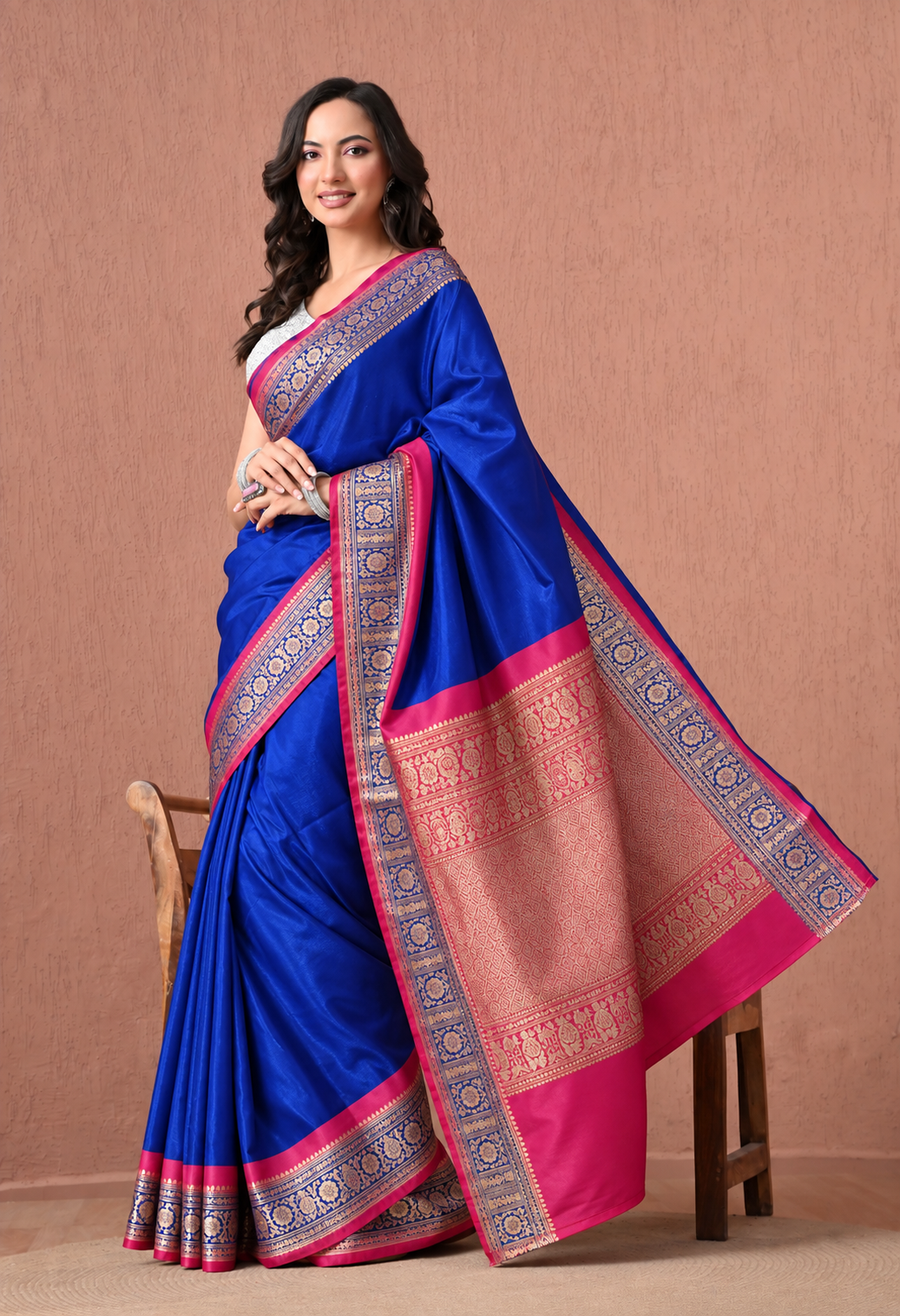 Royal Blue and Magenta Pink Silk Blend Woven Zari Border Saree