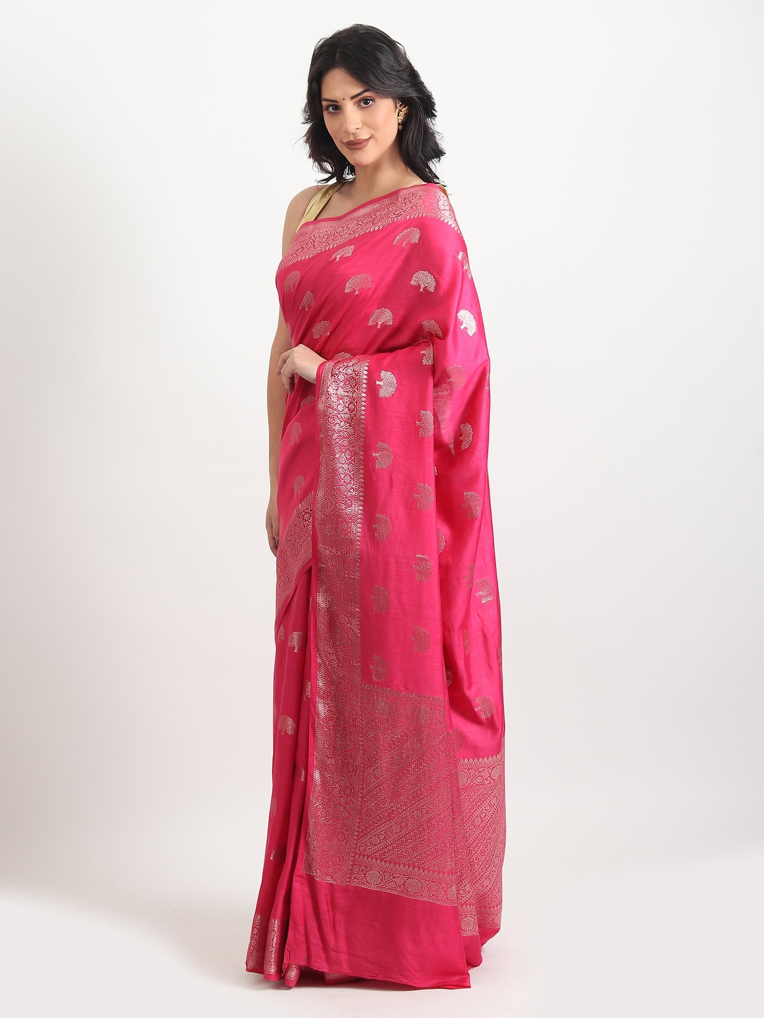 Cotton Silk Banarasi Saree With Unstitched Blouse - Hot Pink