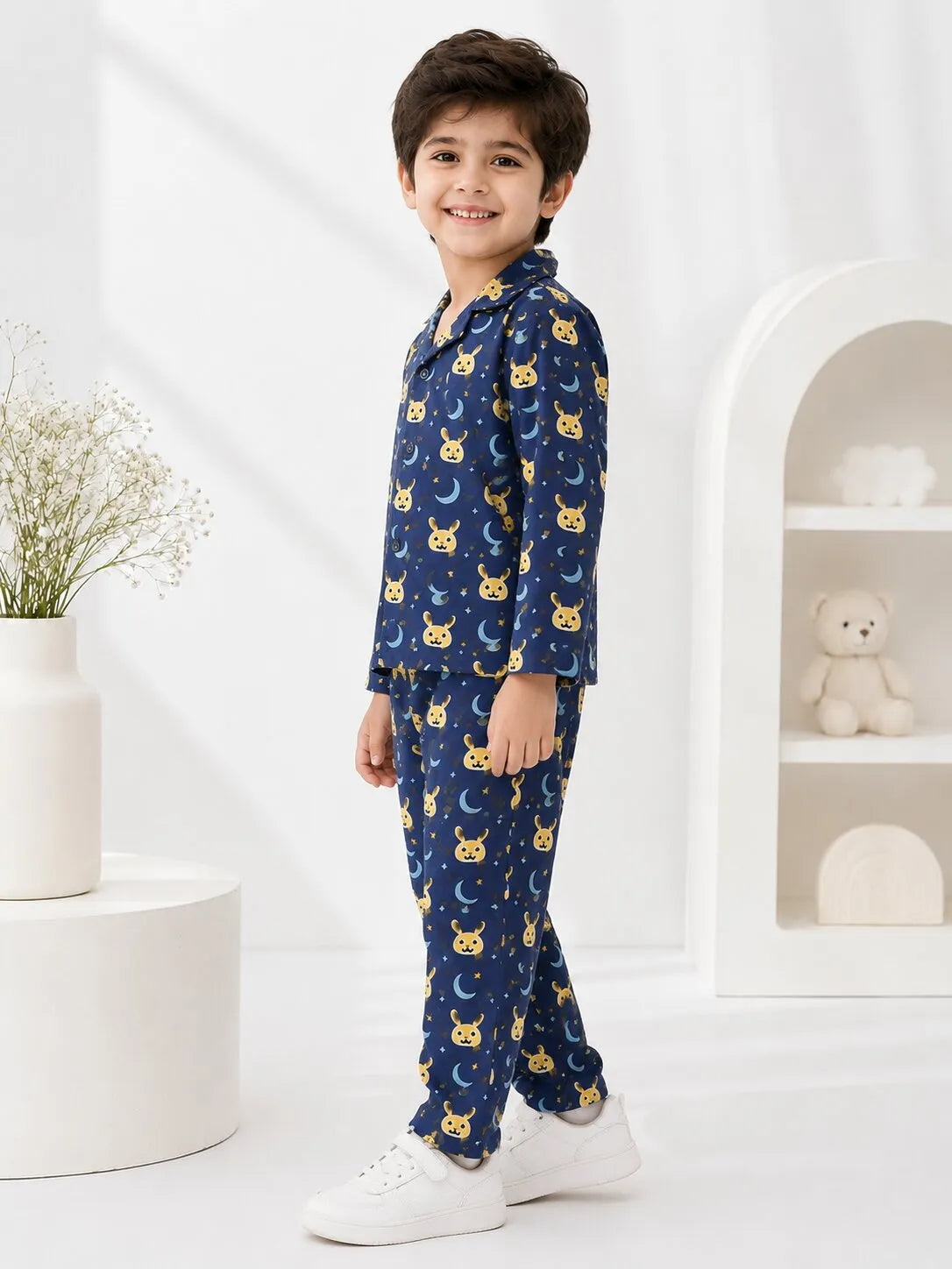 Kids Navy Blue & Yellow Bunny Print Night Suit