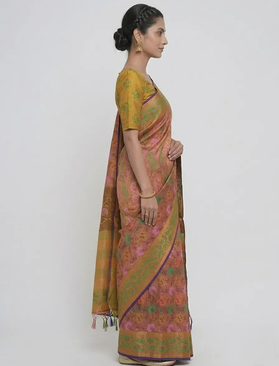 Women Mustard & Pink Floral Printed Silk Blend Saree with Tassels