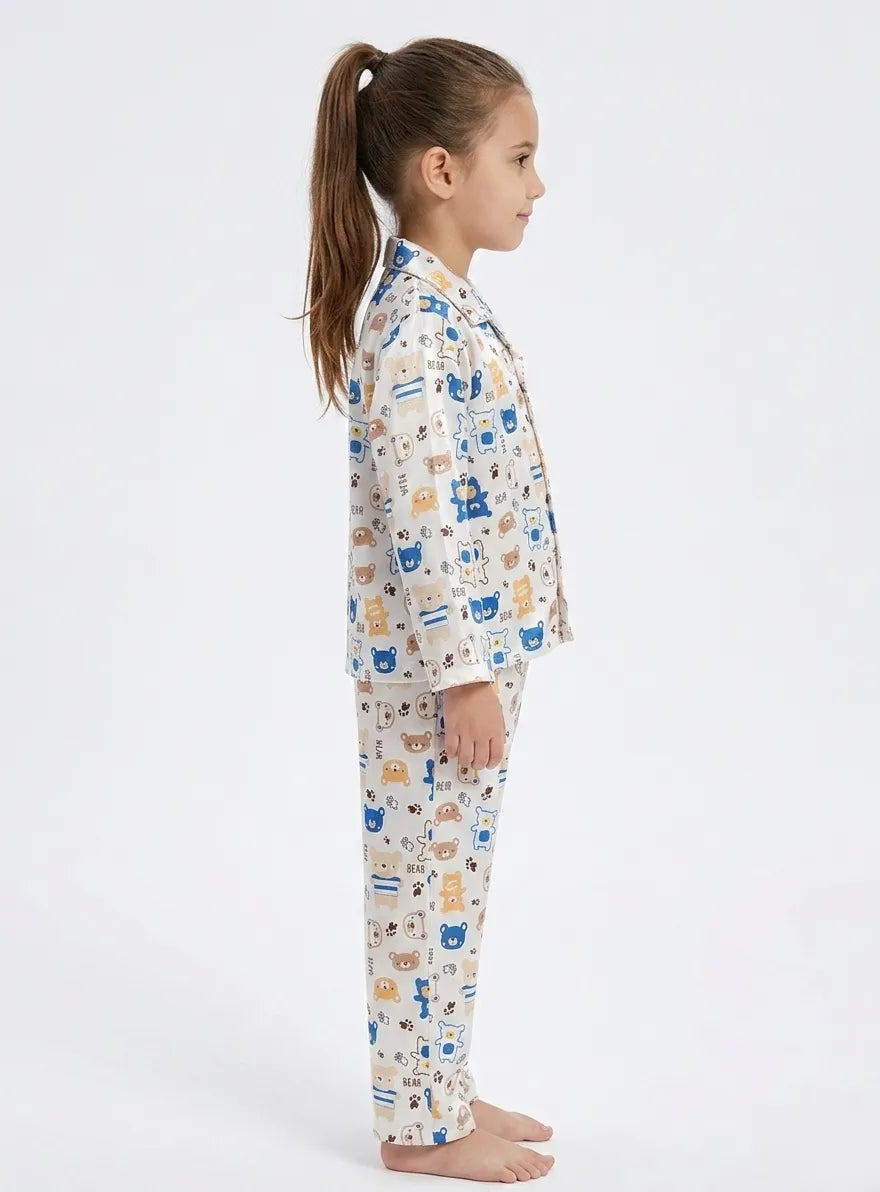 Girls Bear Print Luxury Satin Night Suit – Full Sleeve Shirt & Pajama Sleepwear Set