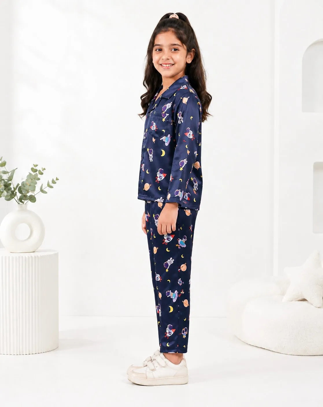 Girls  Navy Blue & Multi Satin Space Print Nightsuit Set