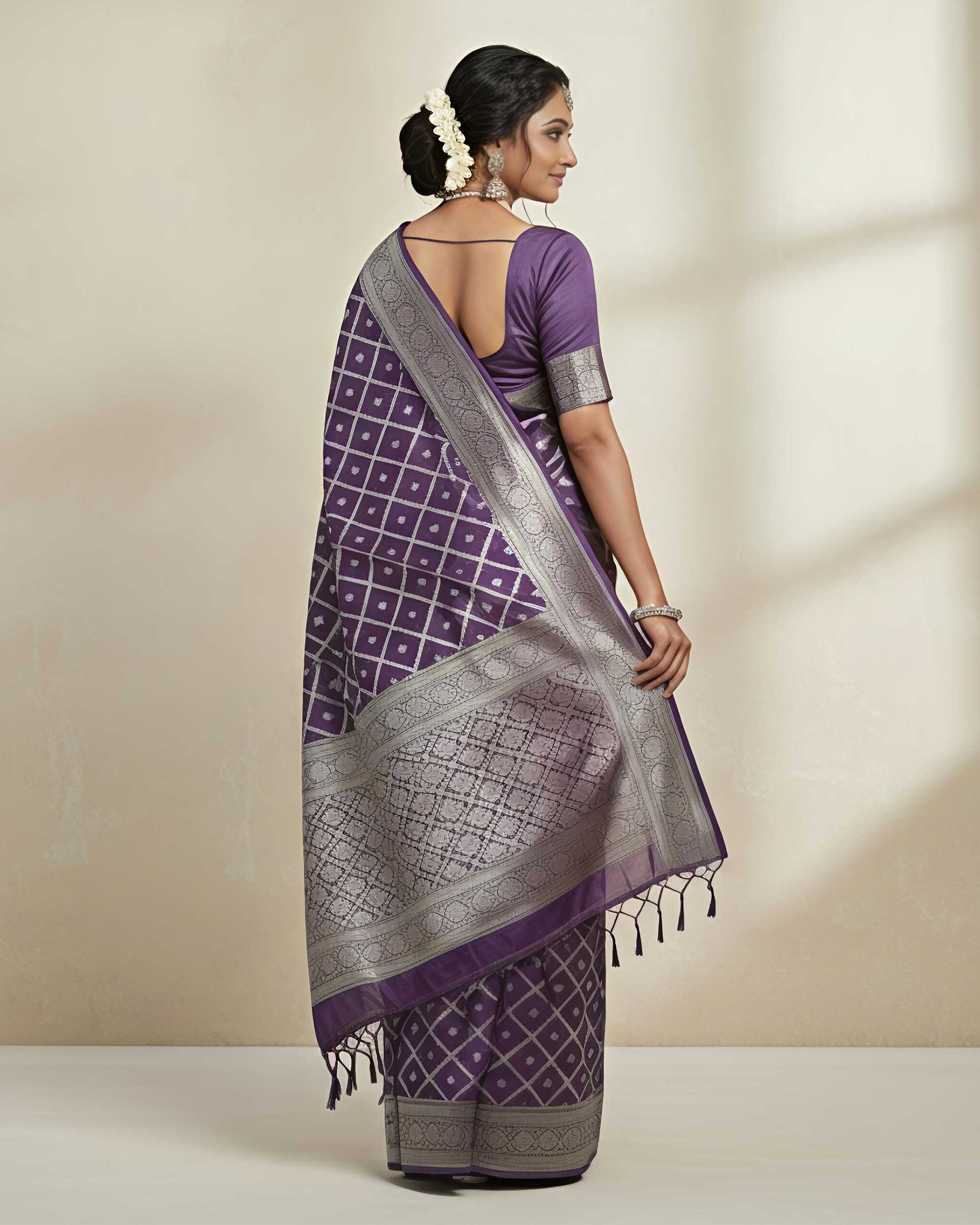 Women Purple & Silver-Toned Woven Design Zari Banarasi Silk Blend Saree