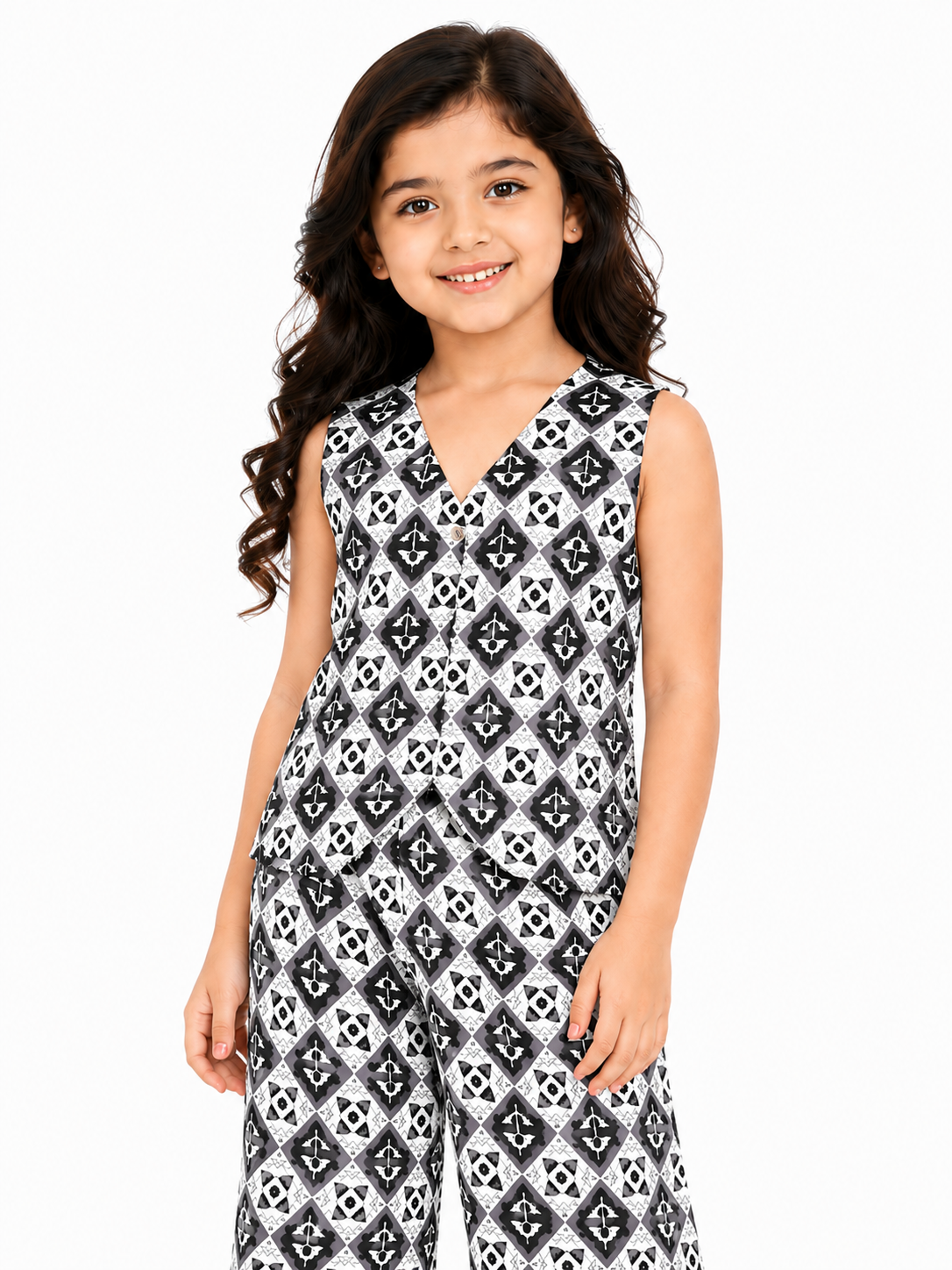 Girls Pure Cotton Monochrome Geometric Print Vest Style Crop Top and Wide-Leg Trousers Co-Ord Set