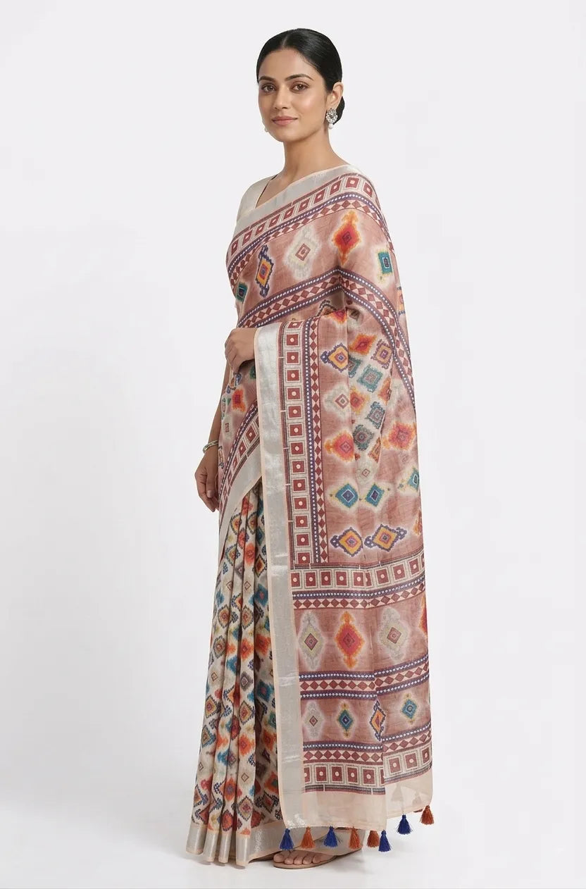 Women Beige & Mauve Geometric Ethnic Motifs Printed Pure Cotton Saree