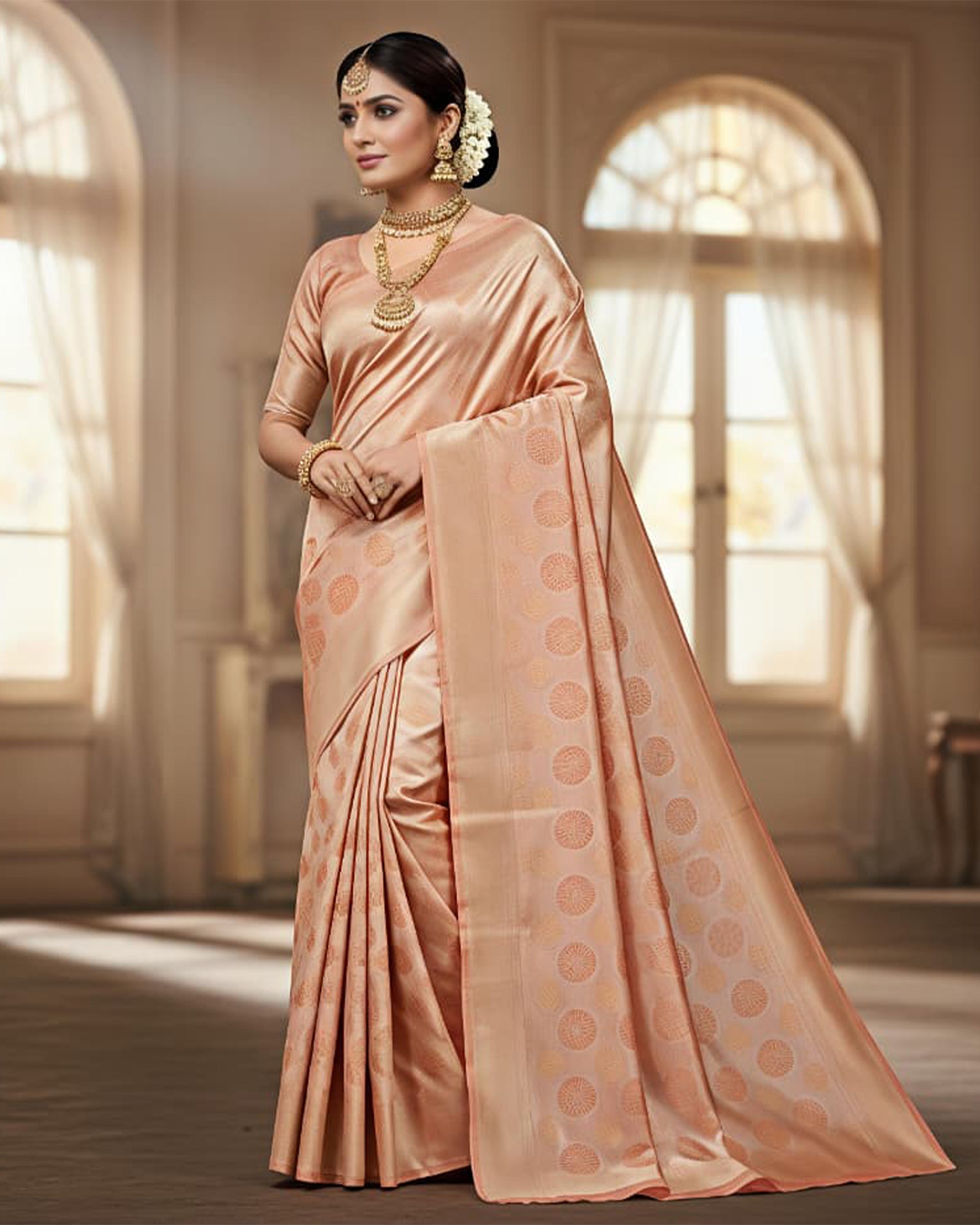 Peach-Coloured & Gold-Toned Art Silk Woven Design Kanjeevaram Saree