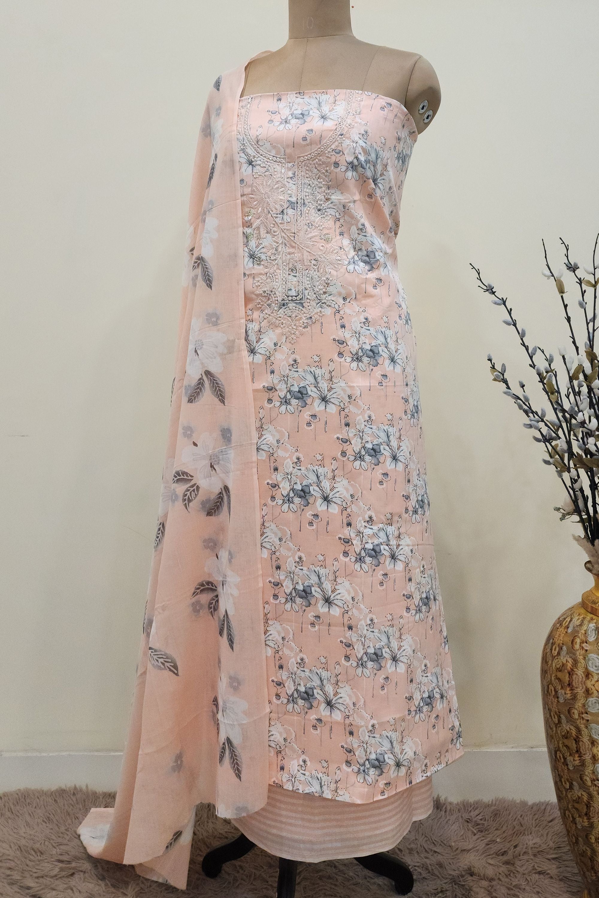 Women's Pure Cotton Peach Floral Print Unstitched Suit Set
