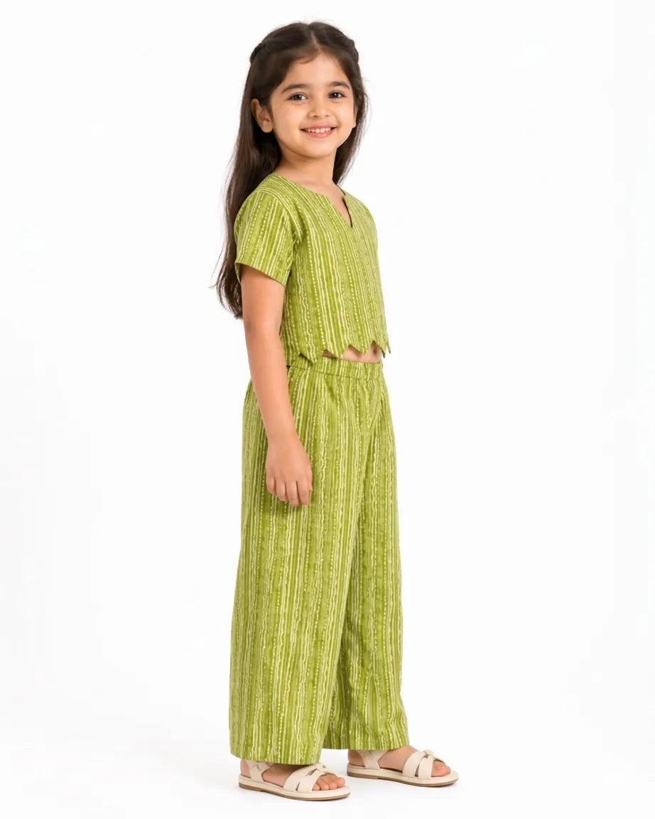 Girls Lime Green & White Pure Cotton Striped Scalloped Co-ord Set