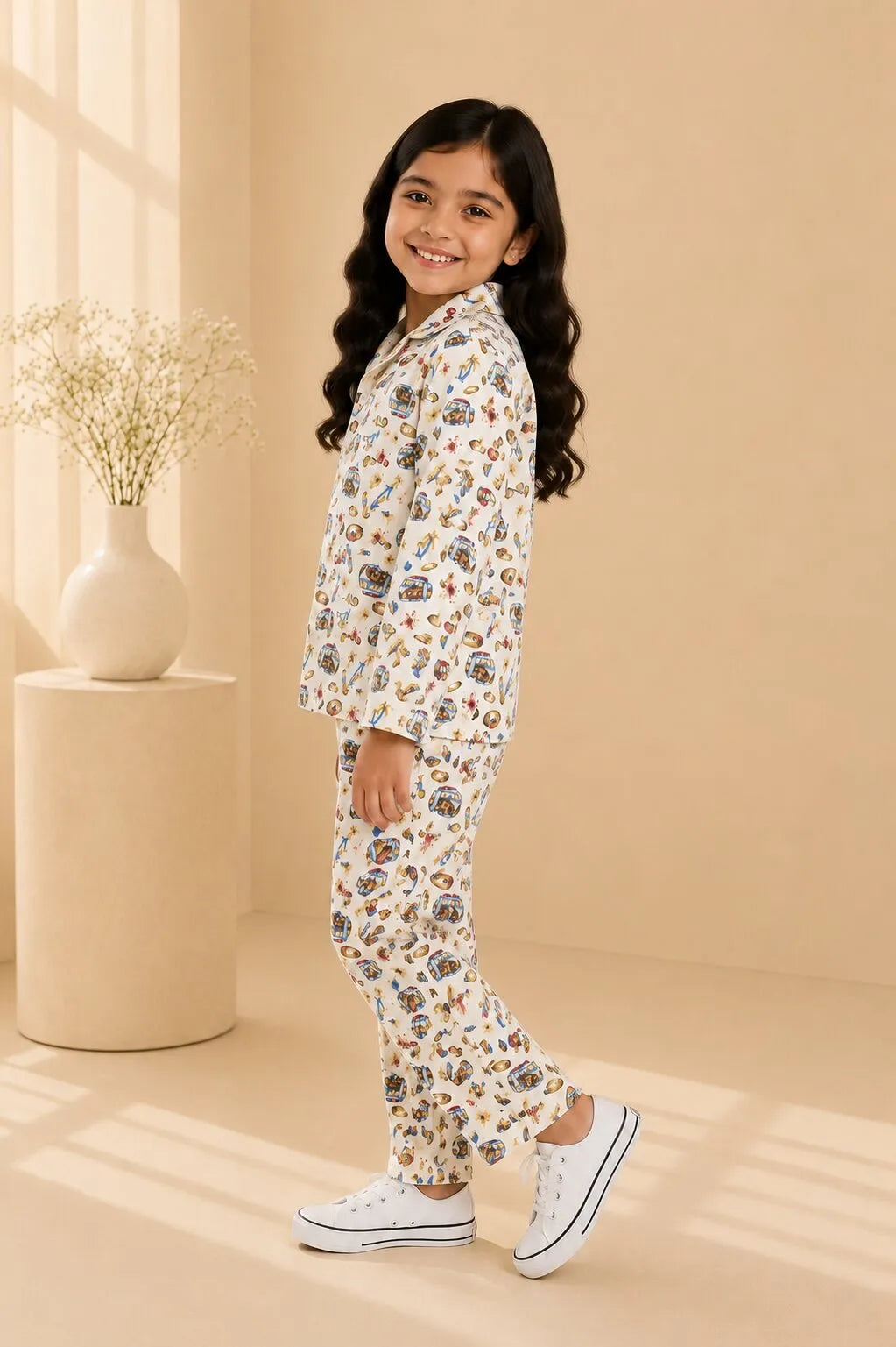 Girls Tropical Surf & Camper Print Cotton Night Suit