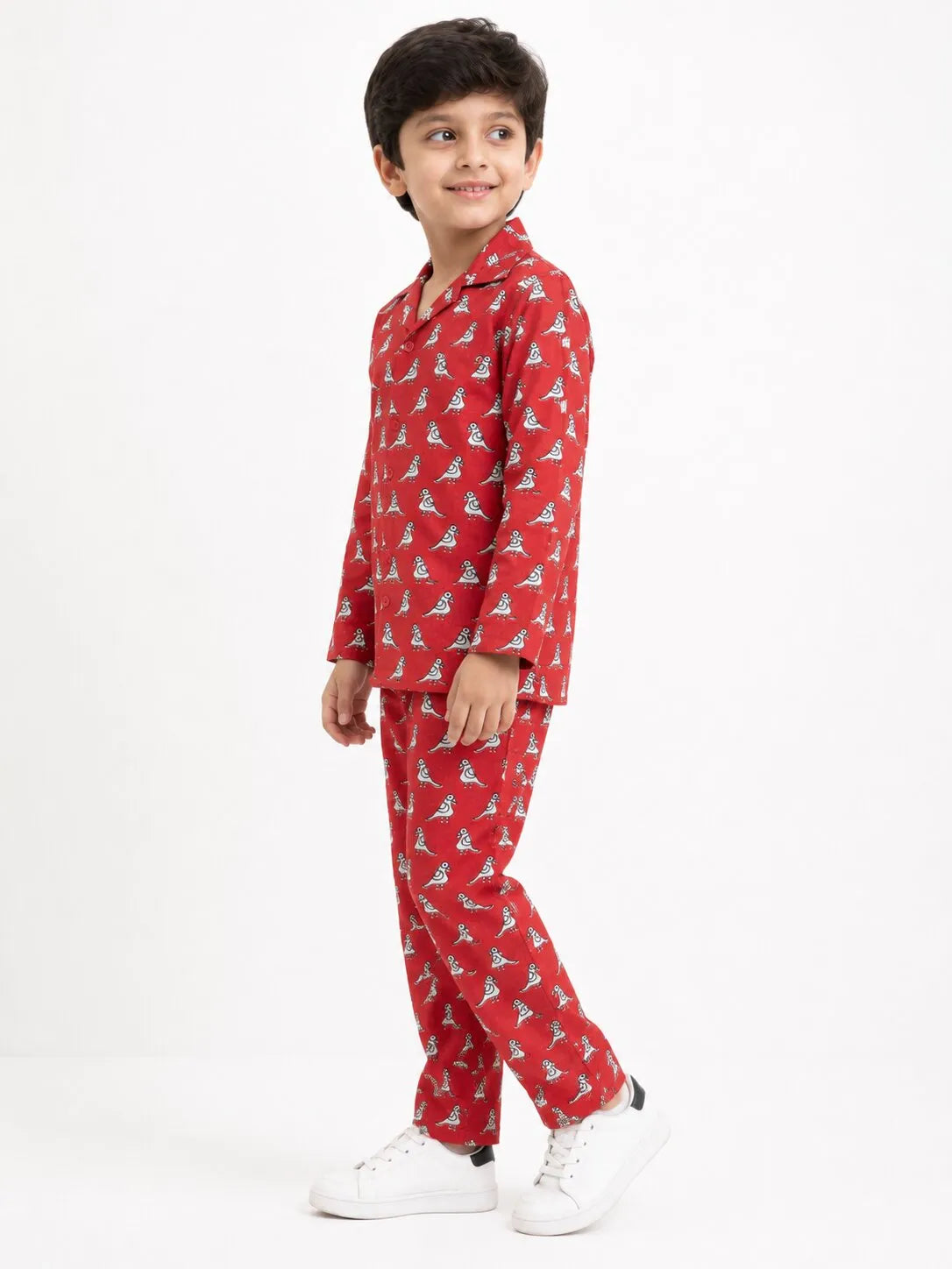 Boys Red & White Bird Print Cotton Night Suit