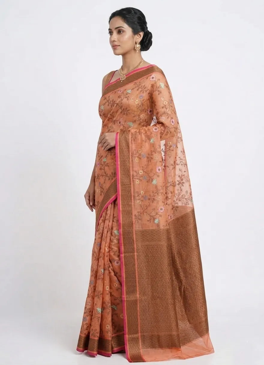 Orange & Bronze Toned Floral Organza Saree with Zari Border