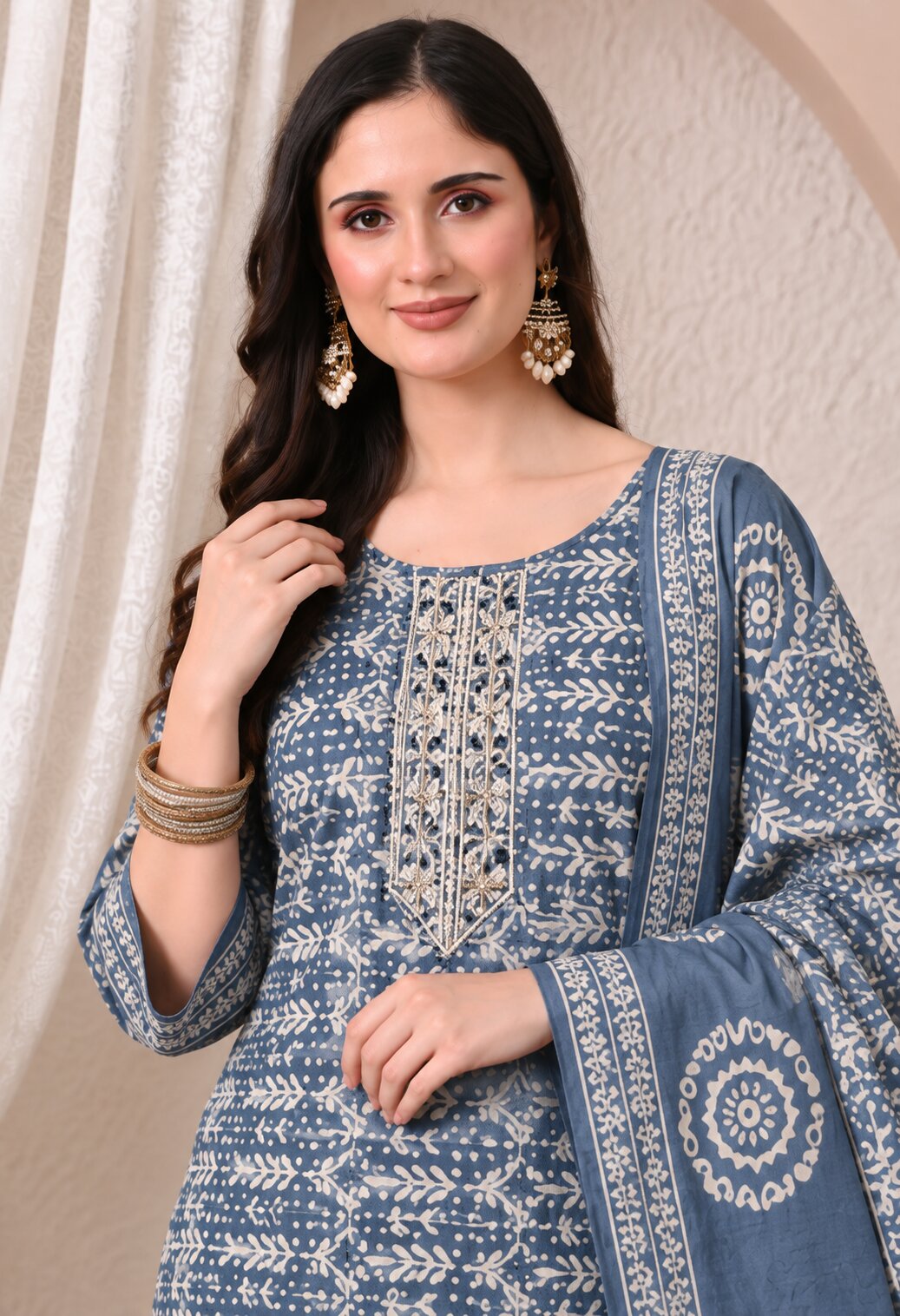 Blue Printed Cotton Suit Set with Matching Cotton Dupatta