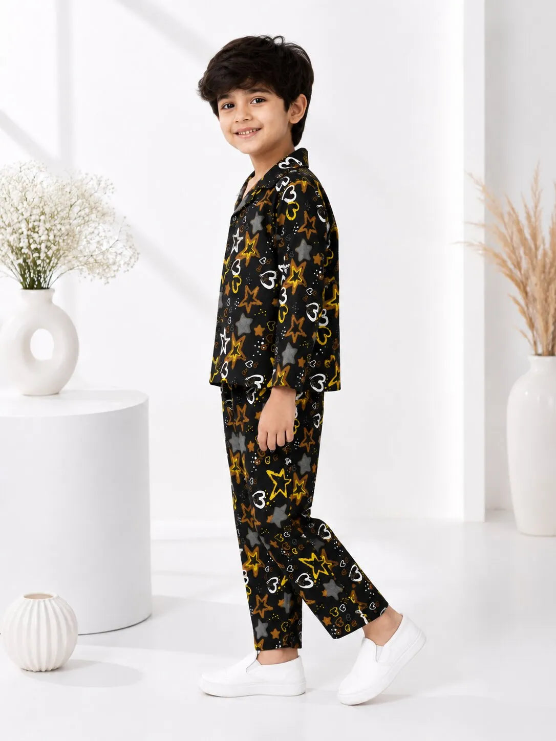 Boys Black & Yellow Star Printed Pure Cotton Night Suit