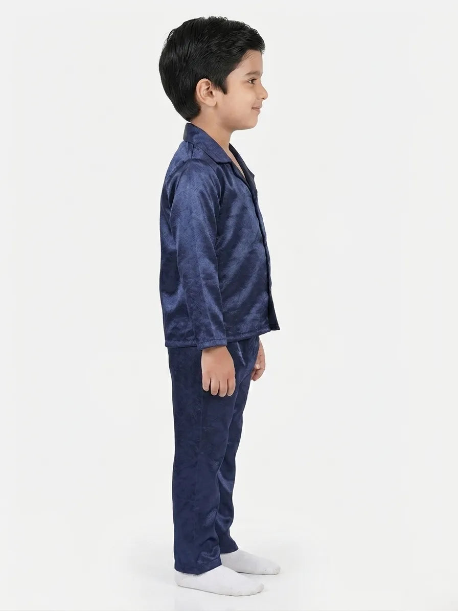 Boys' Navy Blue Luxury Satin Night Suit Set – Smooth Full-Sleeve Shirt & Relaxed Pyjamas