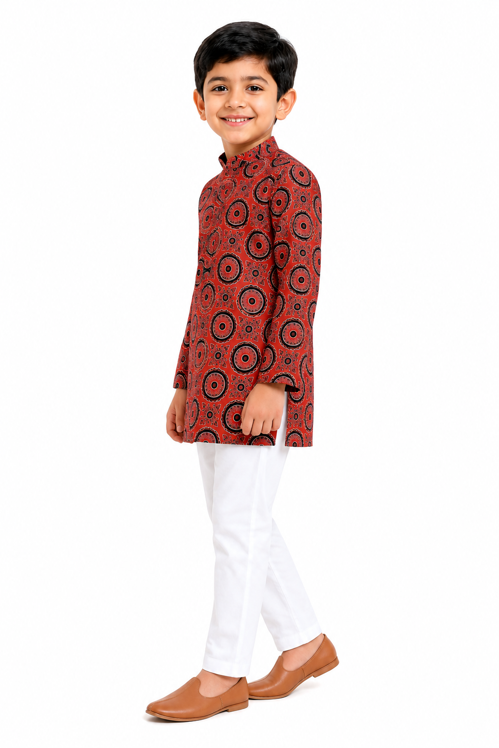 Boys Rust Red & Black Ajrakh-Inspired Mandala Printed Pure Cotton Kurta with Pyjamas