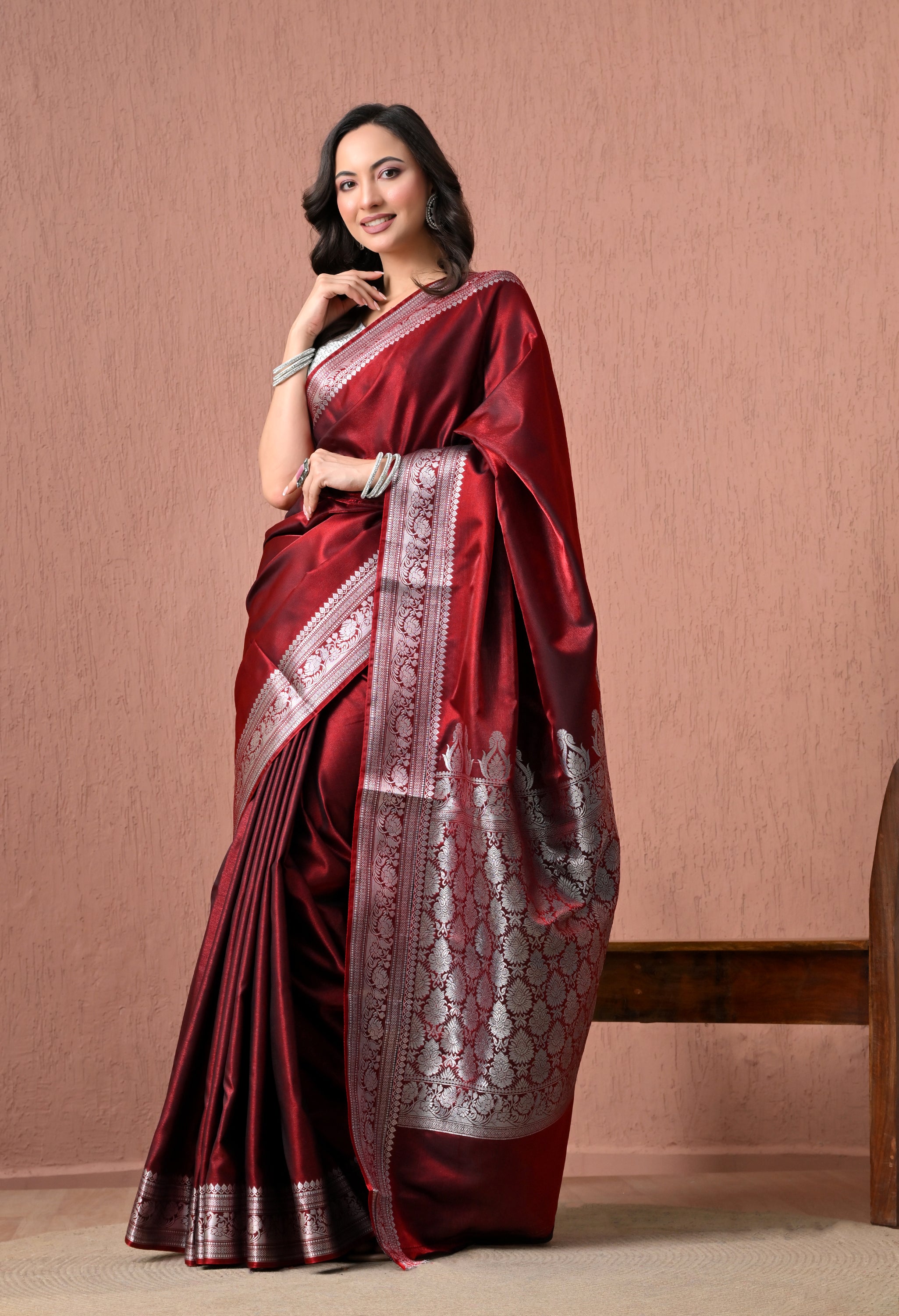 Maroon Pure Silk Banarasi Saree with Ornate Silver Zari Border